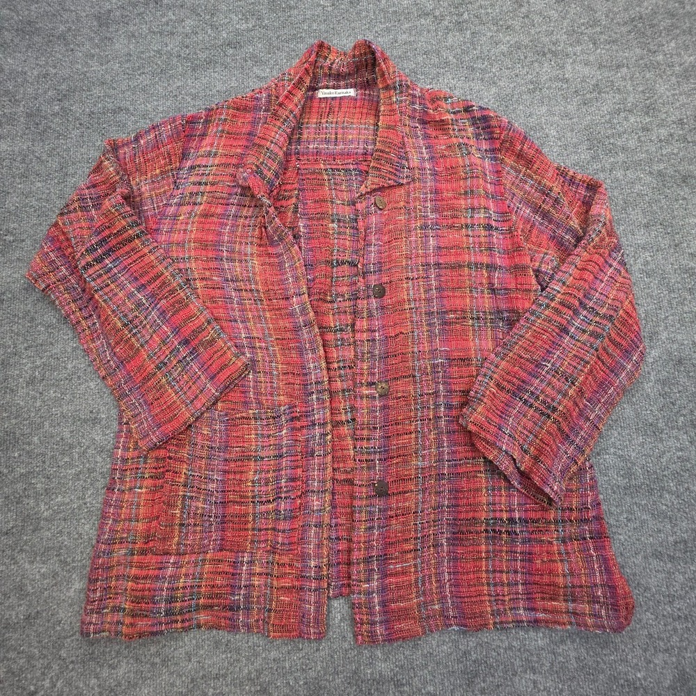 Yasuko Kurisaka Open Cardigan Women's One Size Red Multi Woven Cotton